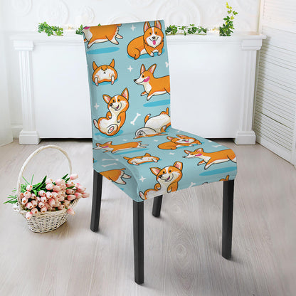 Happy Corgi Pattern Print Dining Chair Slipcover