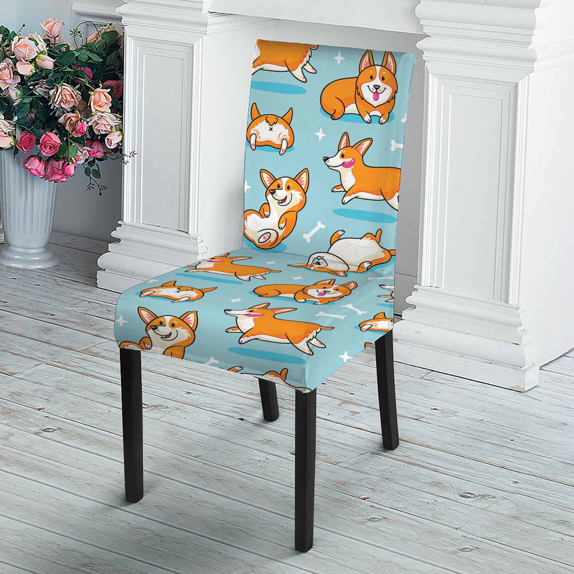 Happy Corgi Pattern Print Dining Chair Slipcover