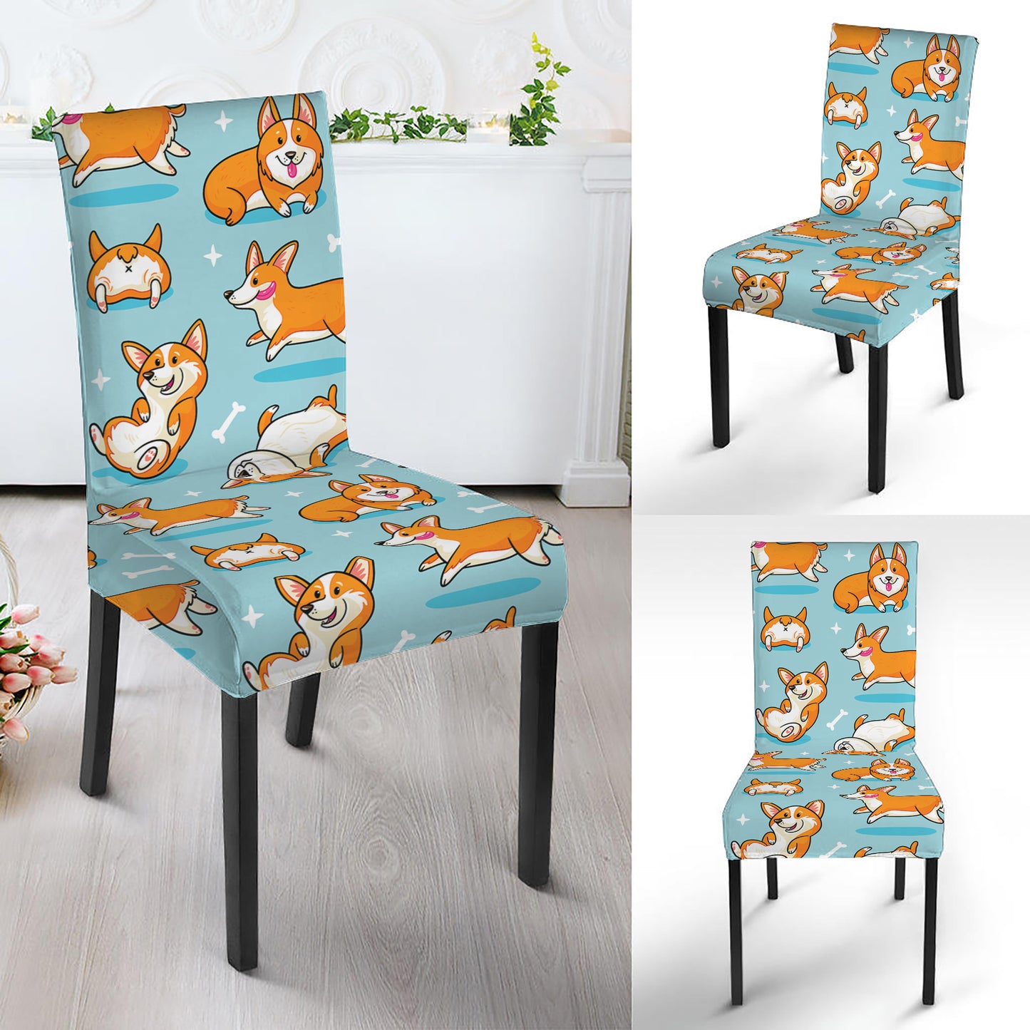 Happy Corgi Pattern Print Dining Chair Slipcover