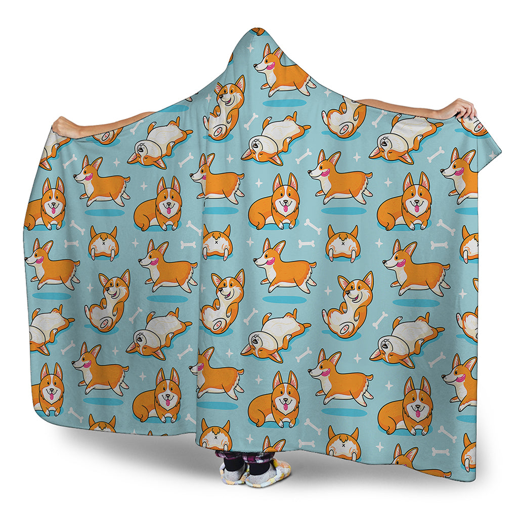 Happy Corgi Pattern Print Hooded Blanket