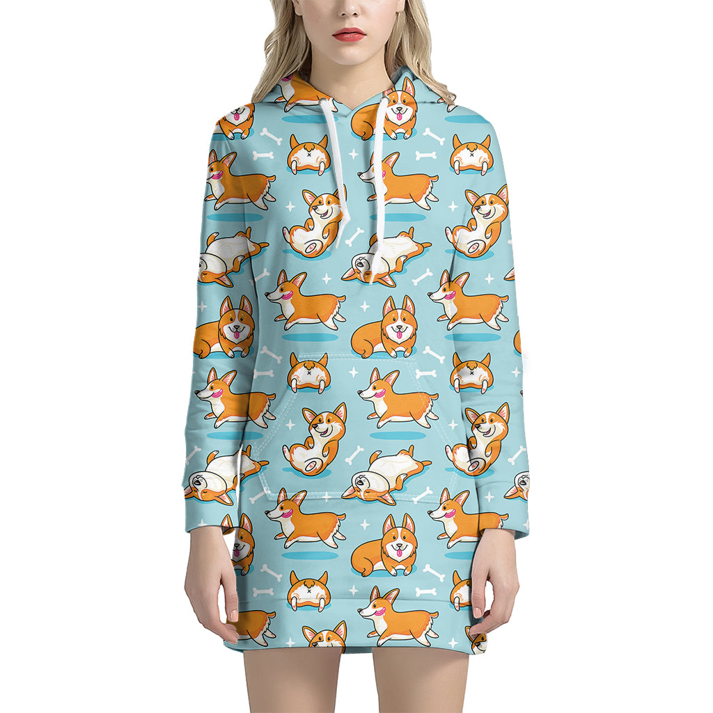 Happy Corgi Pattern Print Hoodie Dress