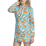 Happy Corgi Pattern Print Hoodie Dress