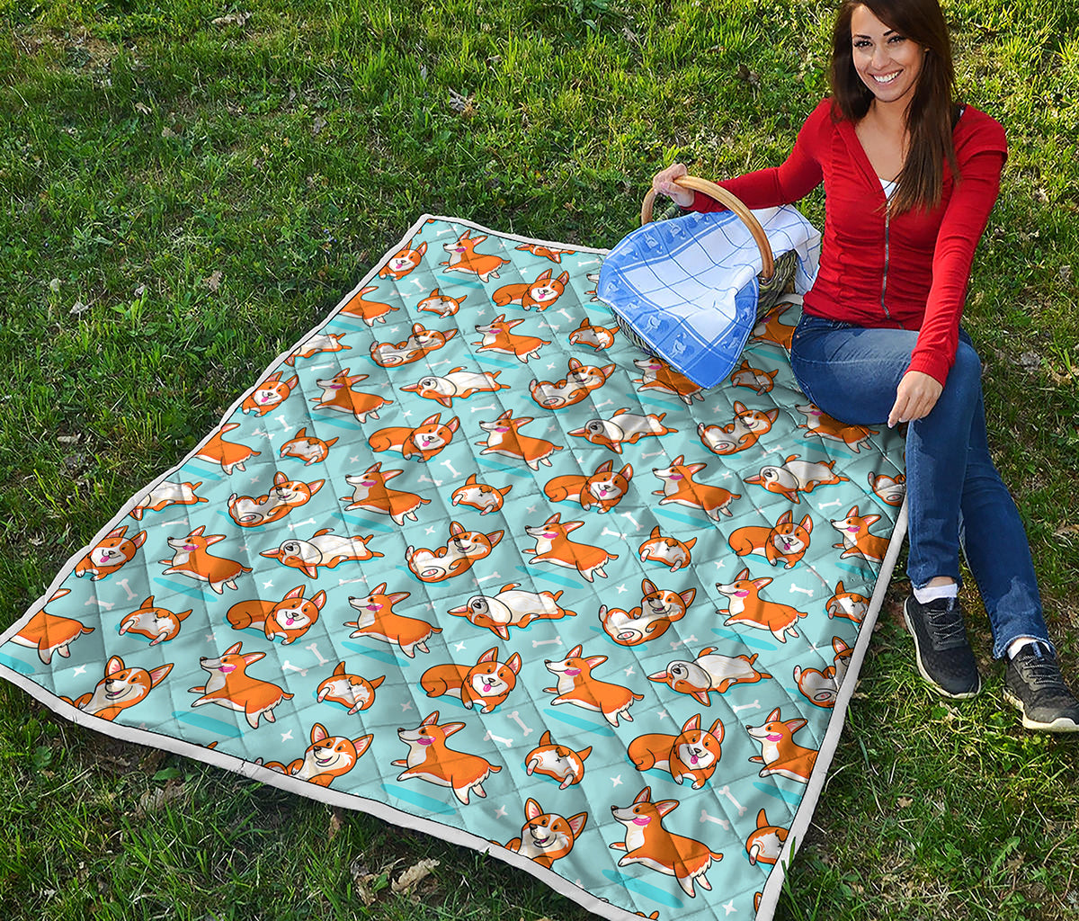 Happy Corgi Pattern Print Quilt