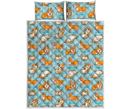 Happy Corgi Pattern Print Quilt Bed Set