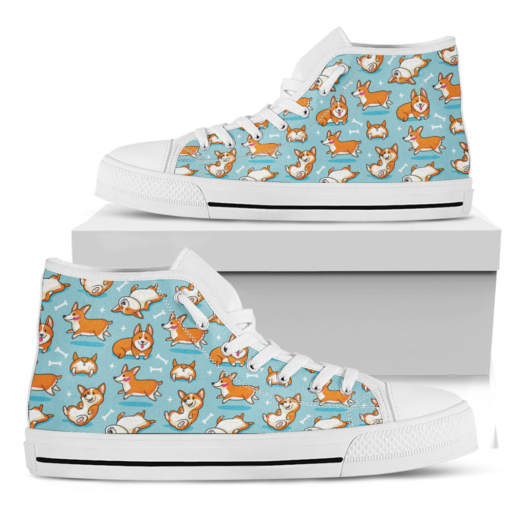 Happy Corgi Pattern Print White High Top Shoes