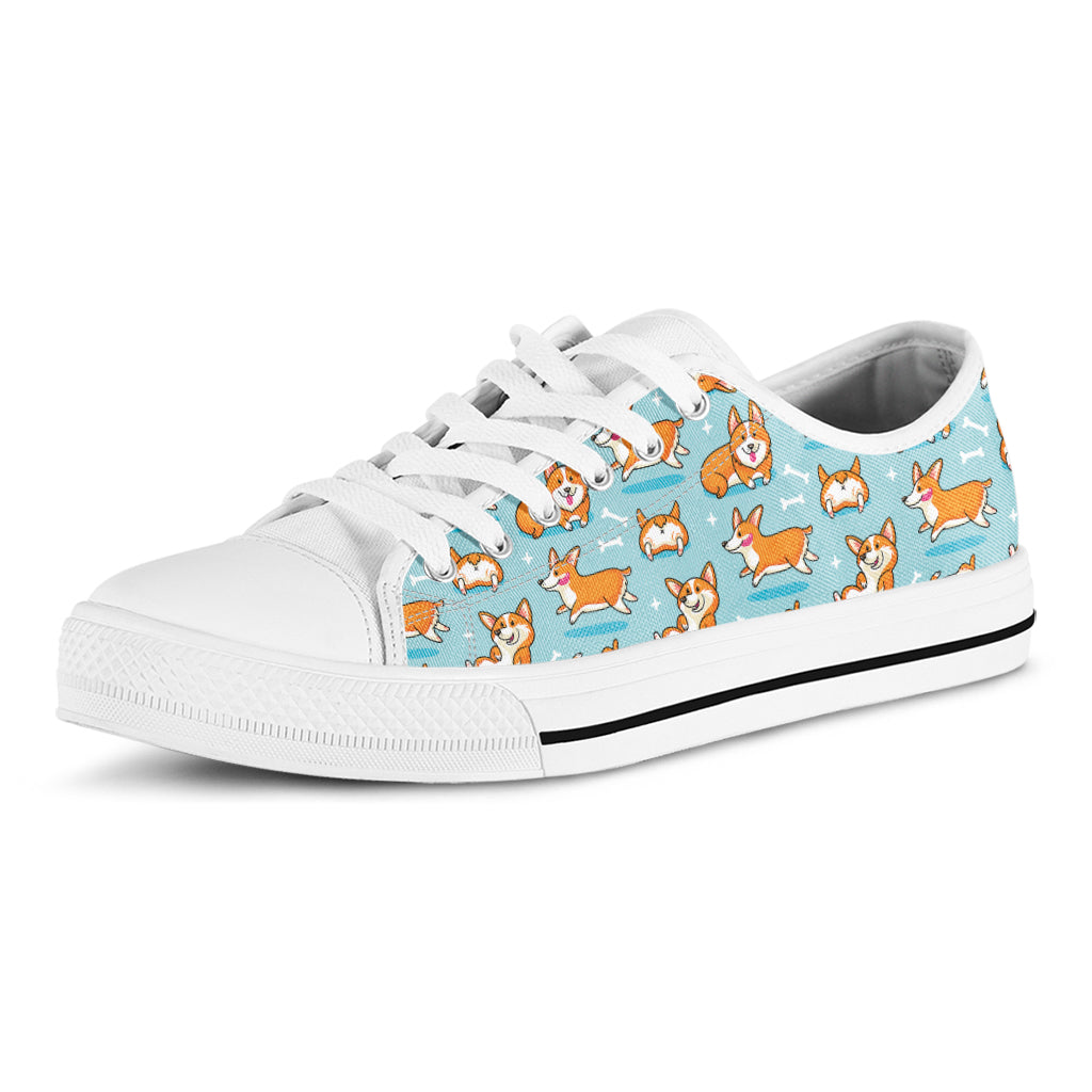 Happy Corgi Pattern Print White Low Top Shoes