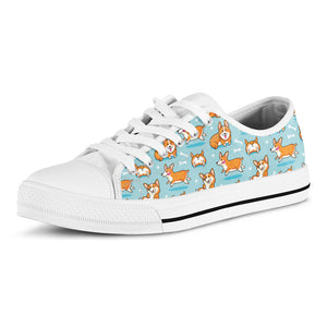 Happy Corgi Pattern Print White Low Top Shoes