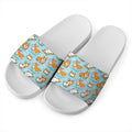 Happy Corgi Pattern Print White Slide Sandals