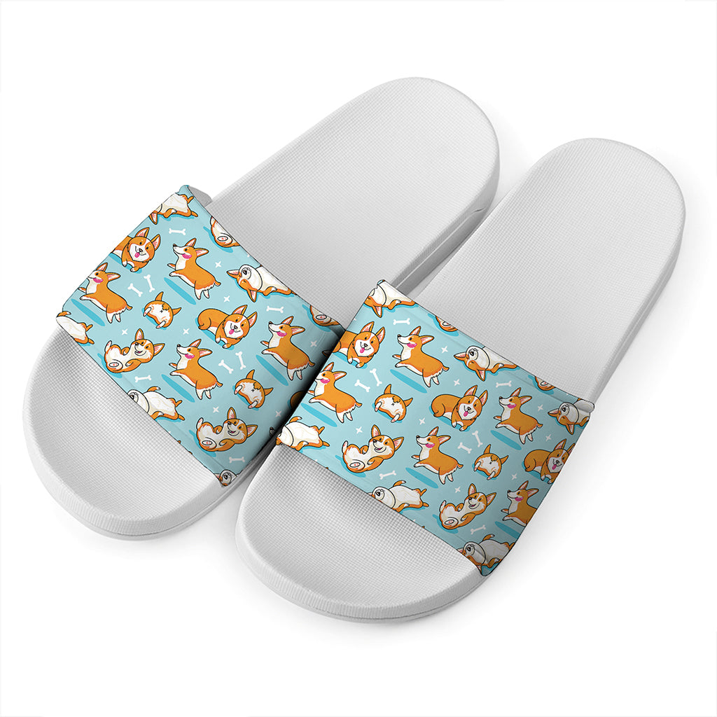 Happy Corgi Pattern Print White Slide Sandals