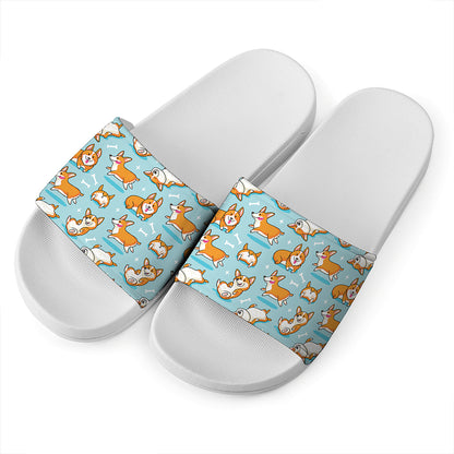 Happy Corgi Pattern Print White Slide Sandals