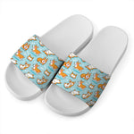 Happy Corgi Pattern Print White Slide Sandals