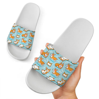 Happy Corgi Pattern Print White Slide Sandals