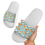 Happy Corgi Pattern Print White Slide Sandals