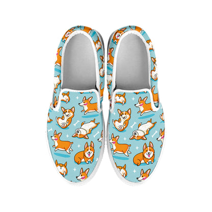 Happy Corgi Pattern Print White Slip On Shoes