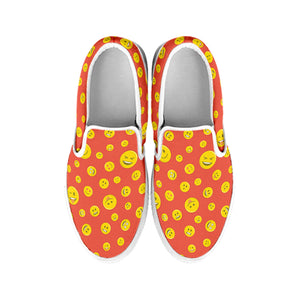 Happy Emoji Pattern Print White Slip On Shoes