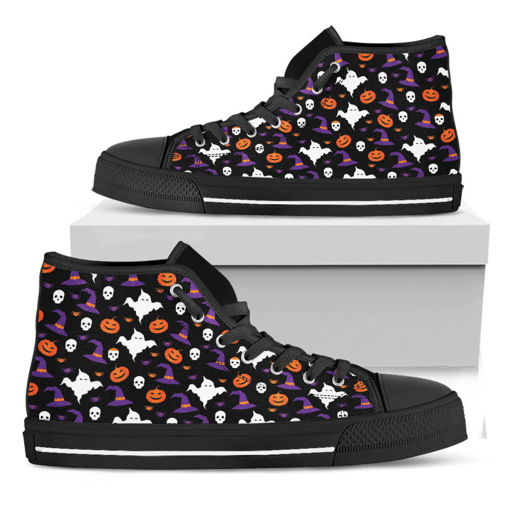 Happy Halloween Ghost Pattern Print Black High Top Shoes