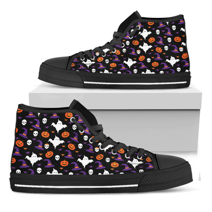 Happy Halloween Ghost Pattern Print Black High Top Shoes