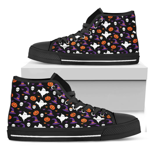 Happy Halloween Ghost Pattern Print Black High Top Shoes