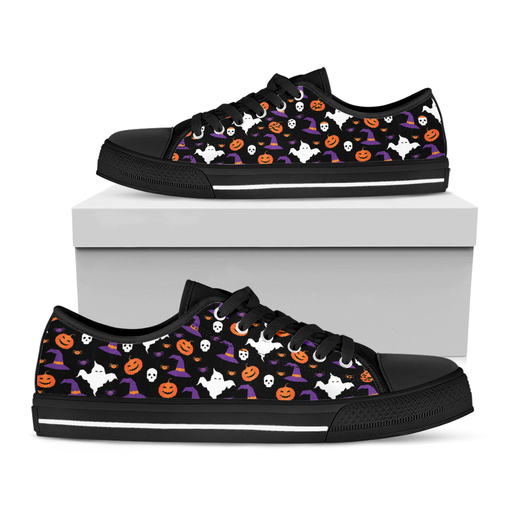 Happy Halloween Ghost Pattern Print Black Low Top Shoes