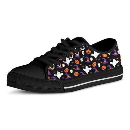 Happy Halloween Ghost Pattern Print Black Low Top Shoes