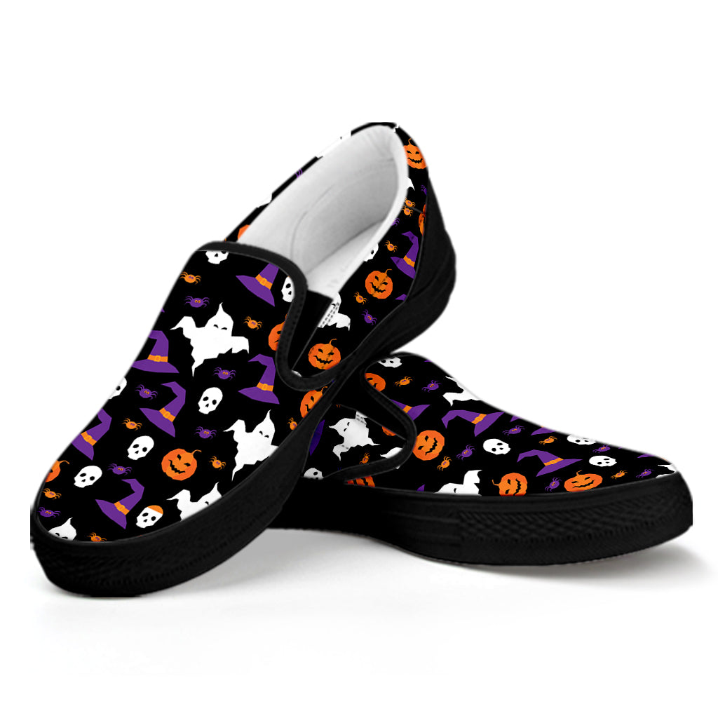 Happy Halloween Ghost Pattern Print Black Slip On Shoes