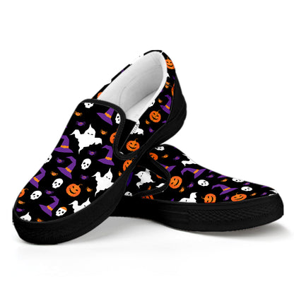 Happy Halloween Ghost Pattern Print Black Slip On Shoes