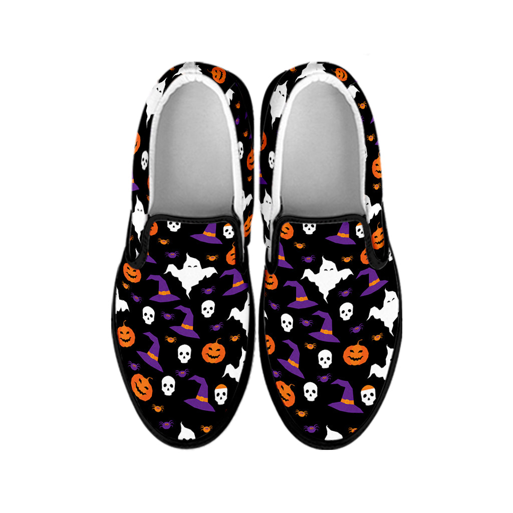 Happy Halloween Ghost Pattern Print Black Slip On Shoes
