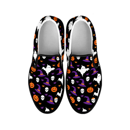 Happy Halloween Ghost Pattern Print Black Slip On Shoes