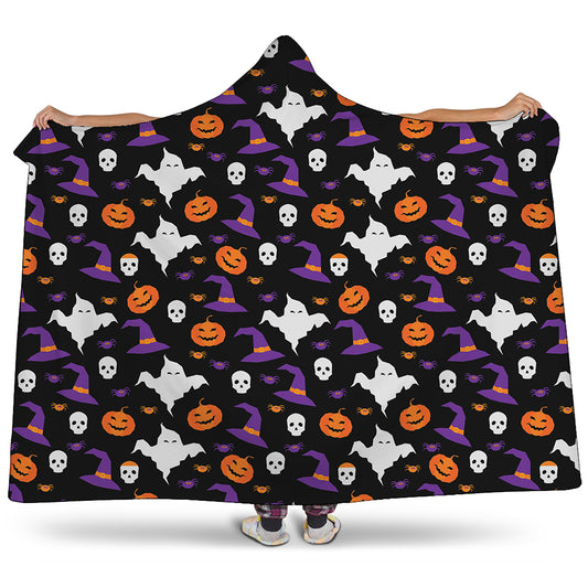 Happy Halloween Ghost Pattern Print Hooded Blanket