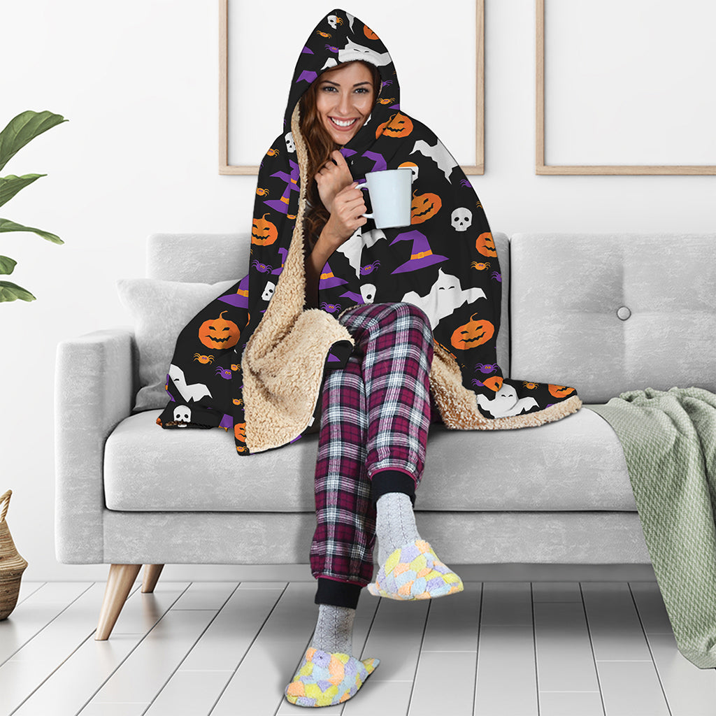 Happy Halloween Ghost Pattern Print Hooded Blanket