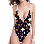 Happy Halloween Ghost Pattern Print One Piece High Cut Swimsuit