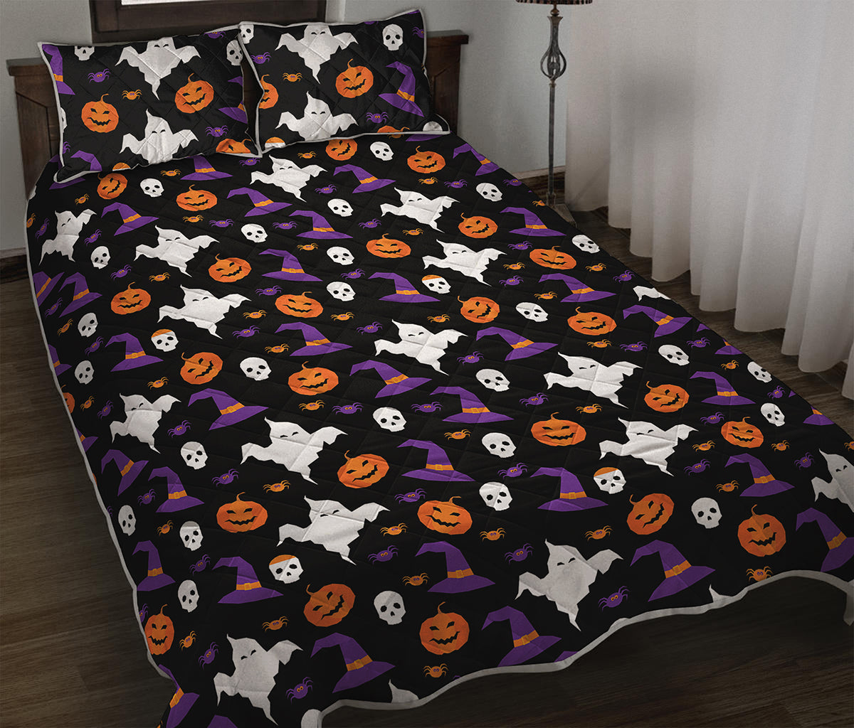 Happy Halloween Ghost Pattern Print Quilt Bed Set