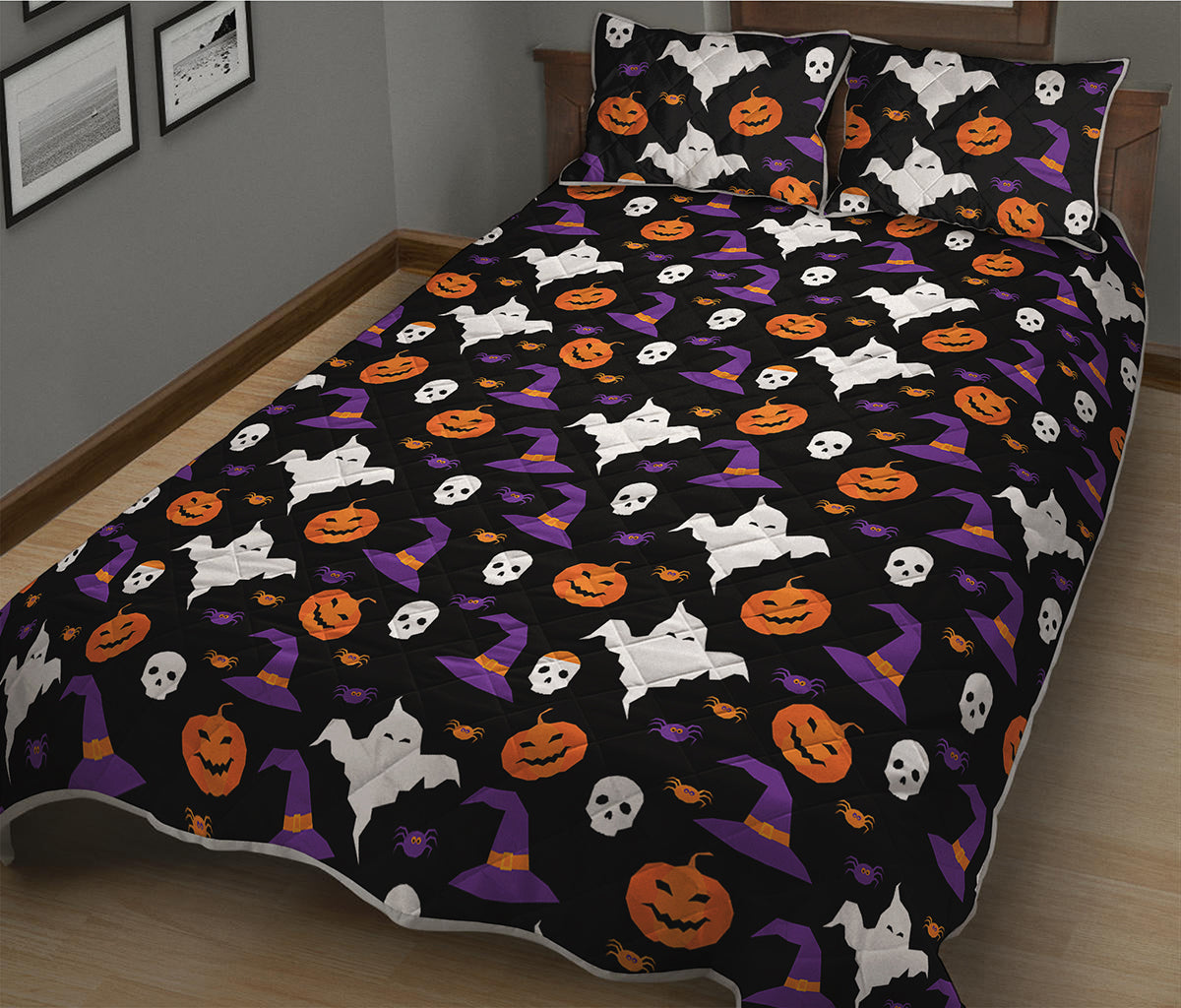 Happy Halloween Ghost Pattern Print Quilt Bed Set