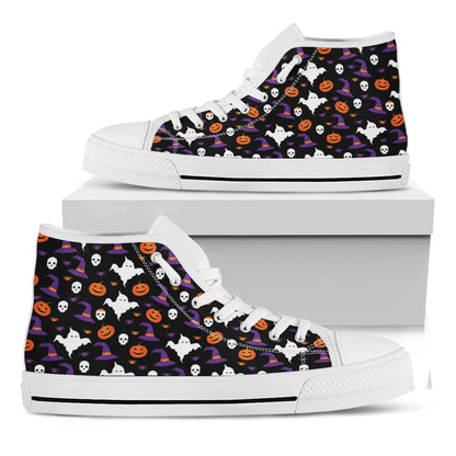Happy Halloween Ghost Pattern Print White High Top Shoes