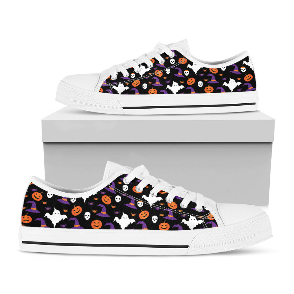 Happy Halloween Ghost Pattern Print White Low Top Shoes