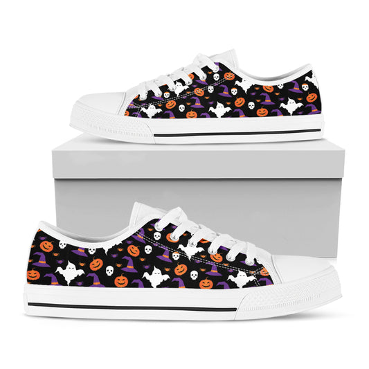 Happy Halloween Ghost Pattern Print White Low Top Shoes
