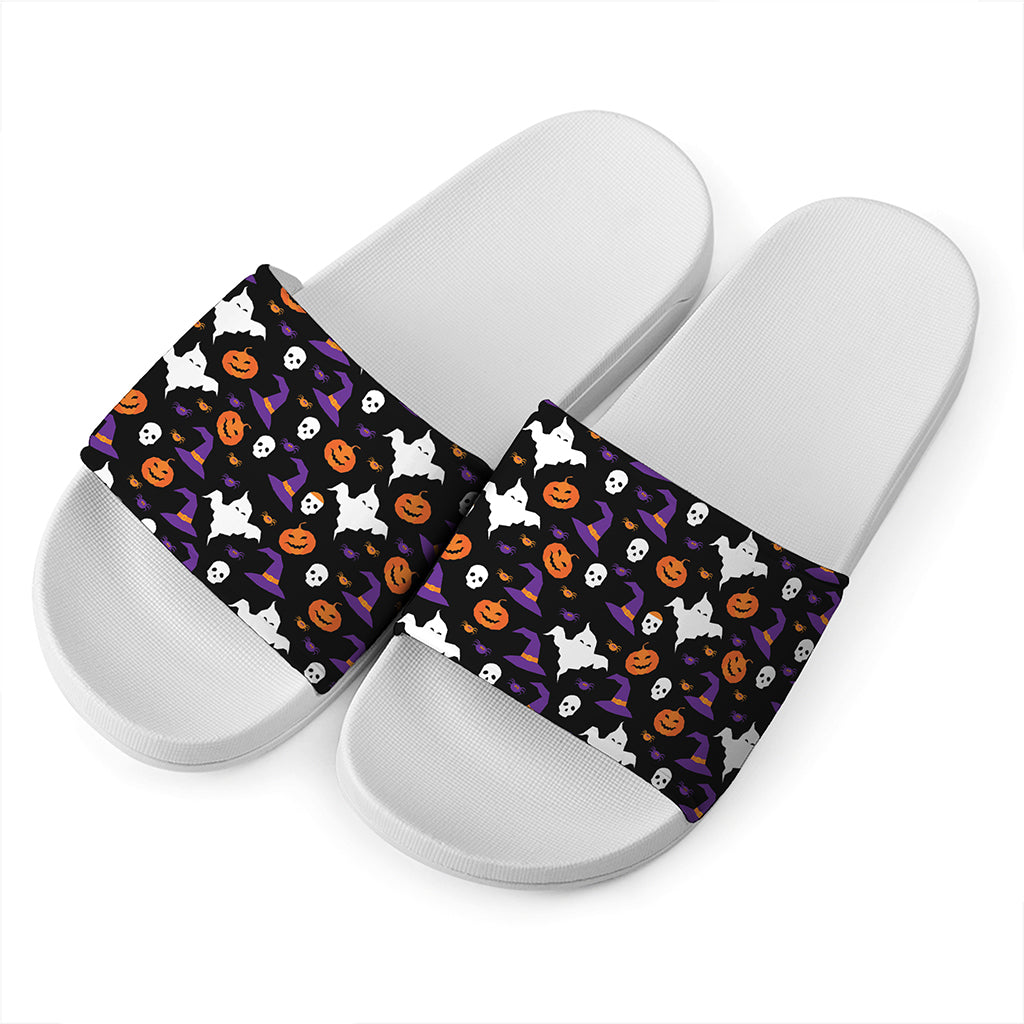 Happy Halloween Ghost Pattern Print White Slide Sandals