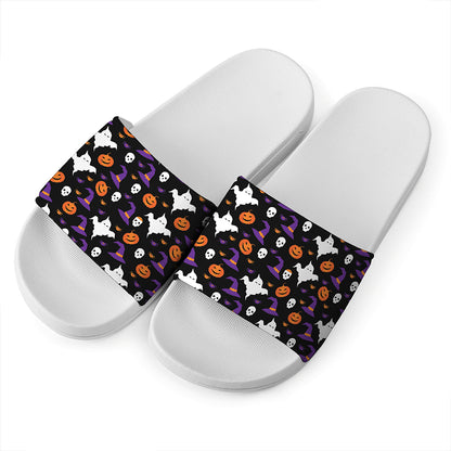 Happy Halloween Ghost Pattern Print White Slide Sandals