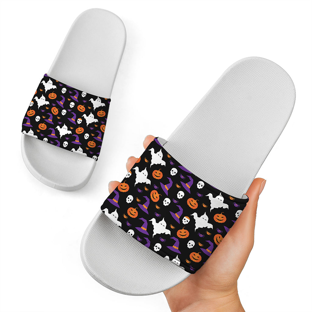 Happy Halloween Ghost Pattern Print White Slide Sandals