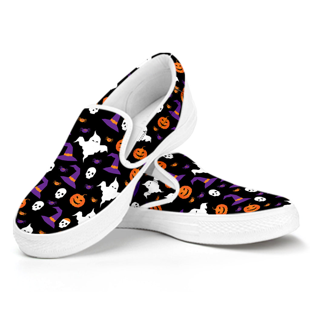 Happy Halloween Ghost Pattern Print White Slip On Shoes