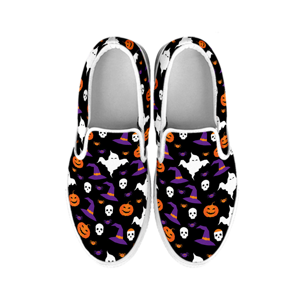 Happy Halloween Ghost Pattern Print White Slip On Shoes