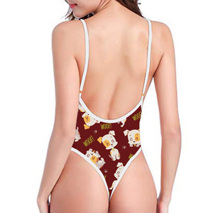 Happy Jack Russell Terrier Pattern Print One Piece High Cut Swimsuit