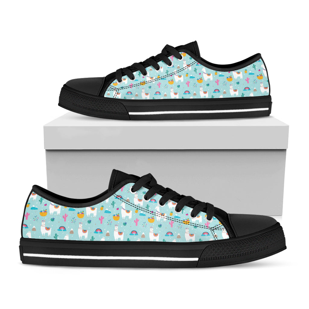 Happy Llama And Cactus Pattern Print Black Low Top Shoes