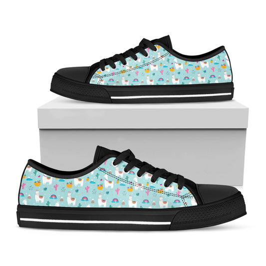 Happy Llama And Cactus Pattern Print Black Low Top Shoes