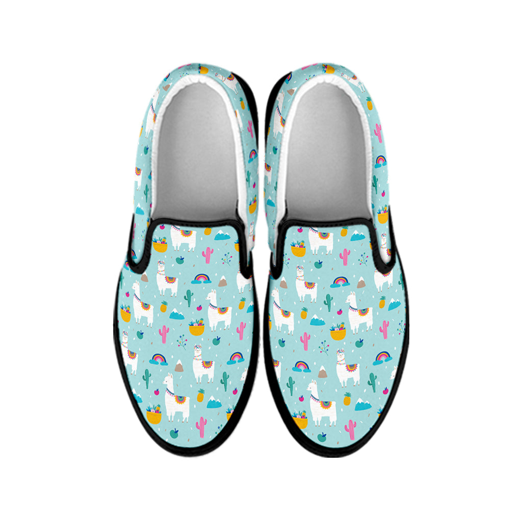 Happy Llama And Cactus Pattern Print Black Slip On Shoes