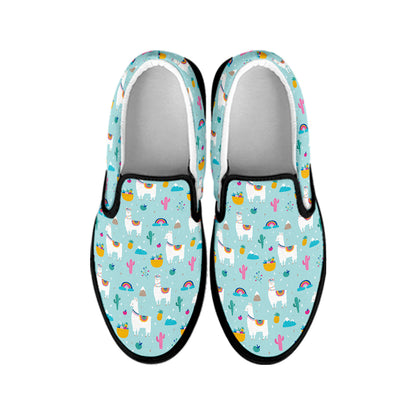 Happy Llama And Cactus Pattern Print Black Slip On Shoes