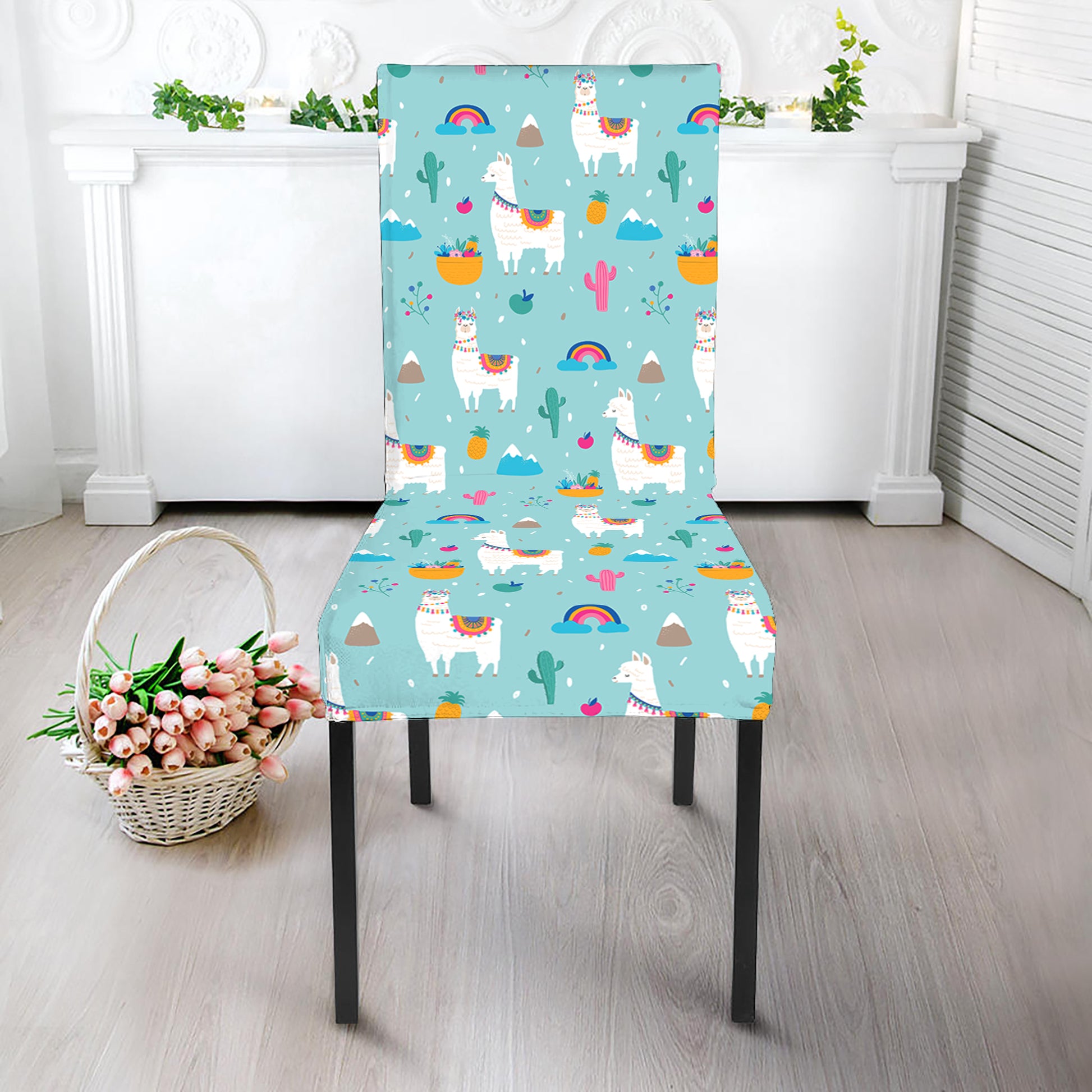 Happy Llama And Cactus Pattern Print Dining Chair Slipcover