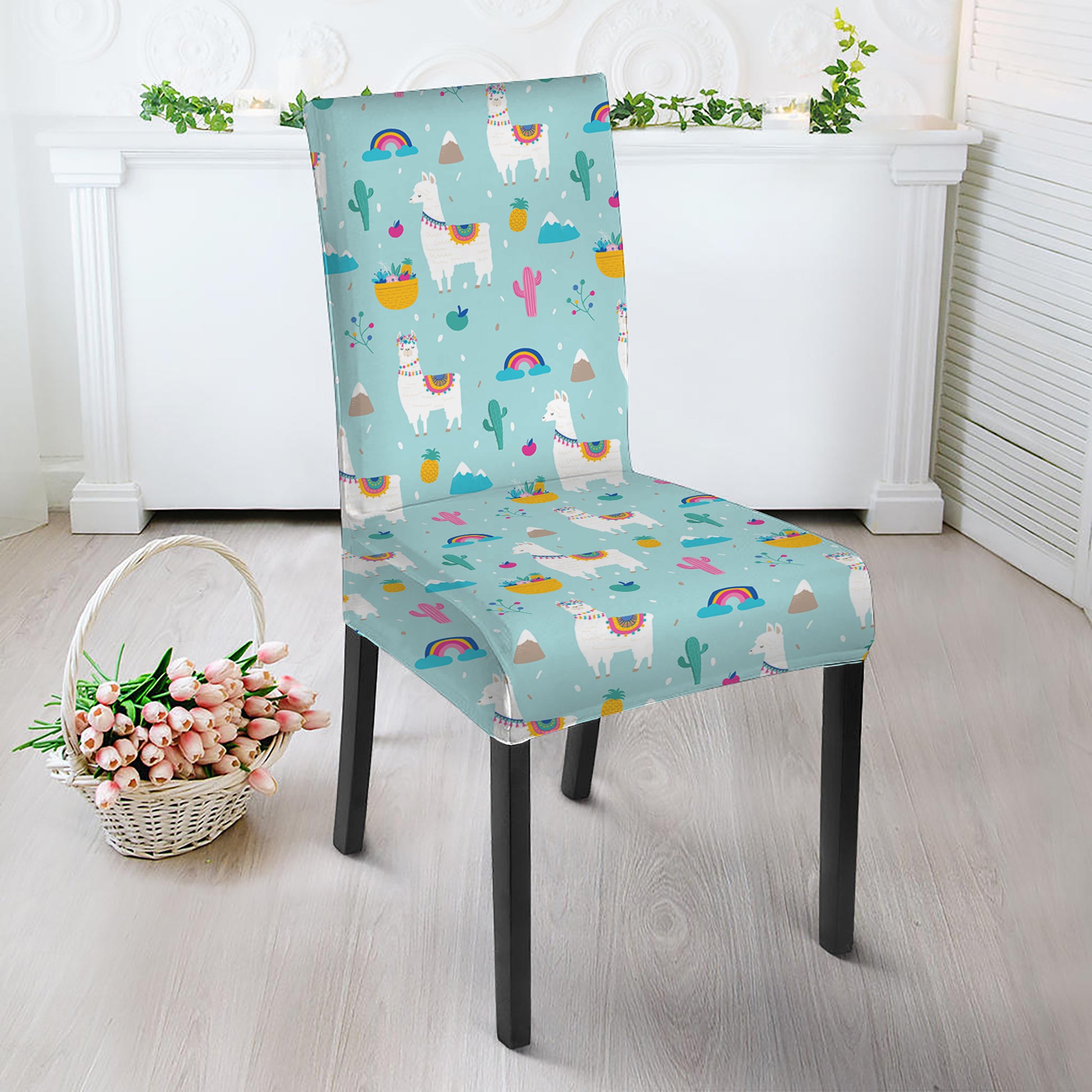 Happy Llama And Cactus Pattern Print Dining Chair Slipcover
