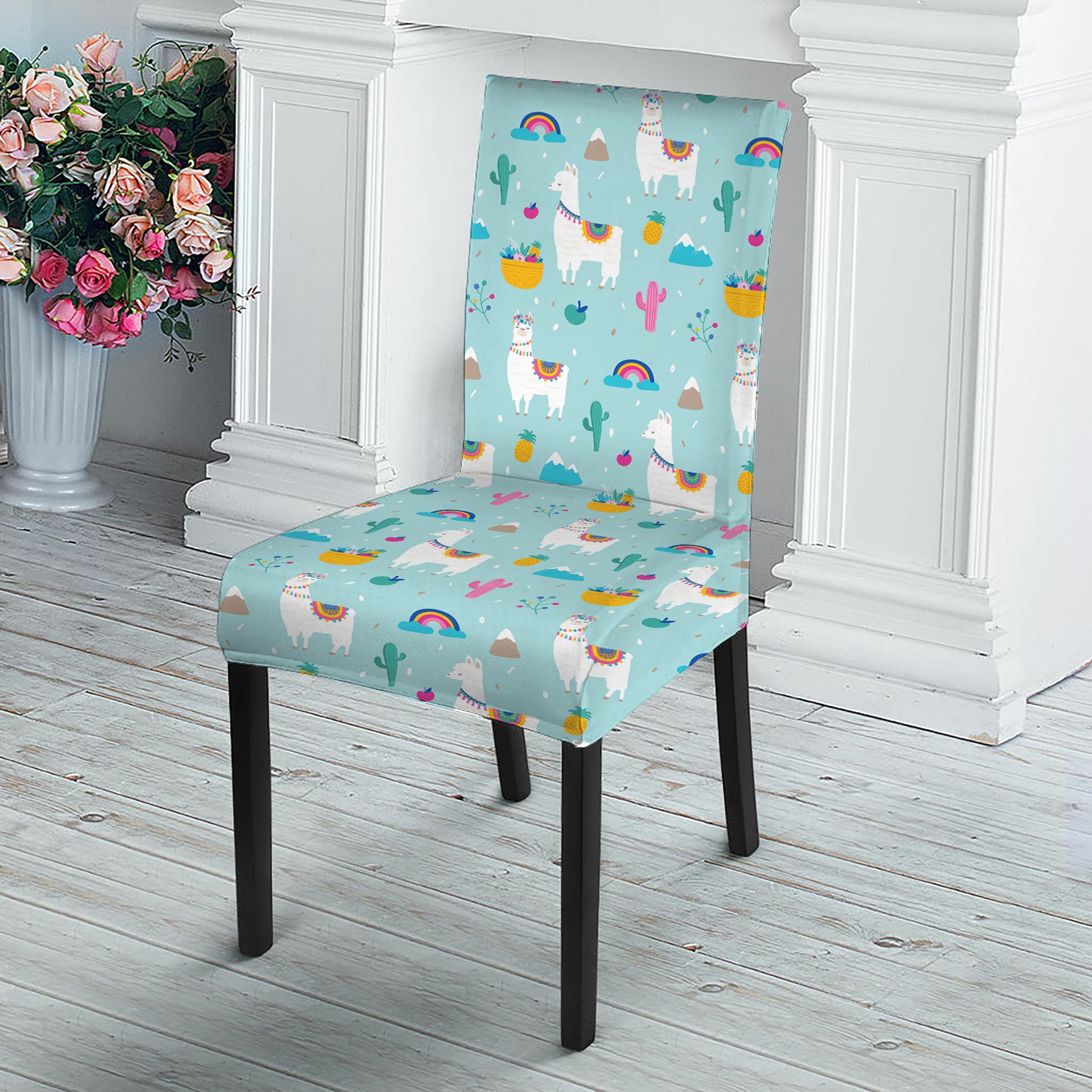 Happy Llama And Cactus Pattern Print Dining Chair Slipcover