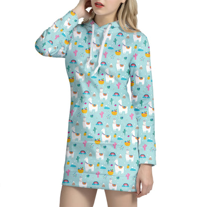Happy Llama And Cactus Pattern Print Hoodie Dress